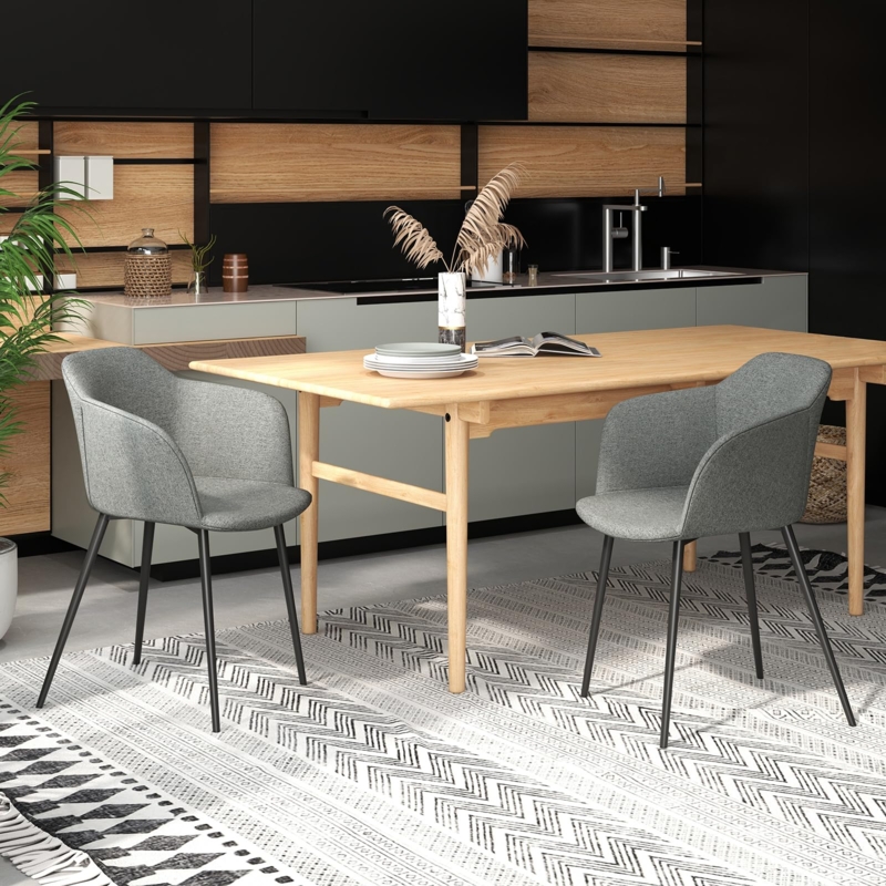 Dining Chair Woven Grey Upholstery Integrated Arms Tapered Metal Legs