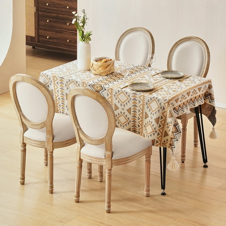 Dining Chairs Antique Wood Finish, Oval Back, Fluted Legs, Beige