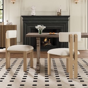 Dining Chairs Armless Beige Upholstery Natural Finish Tapered Legs