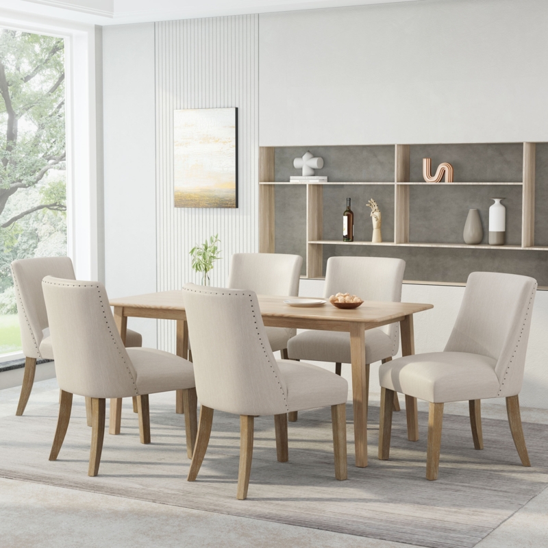 Dining Chairs, Beige Fabric with Nailhead Trim