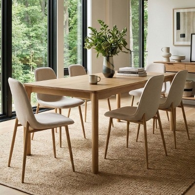 Dining Chairs, Beige Fabric with Wood-Grain Metal Legs
