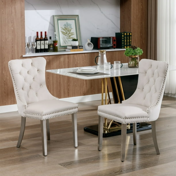 Dining Chairs: Beige Velvet with Button Tufting & Decorative Ring Pull