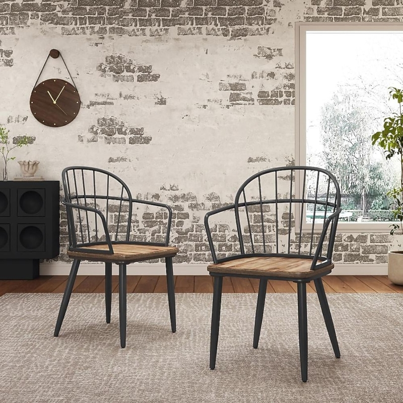 Dining Chairs, Black Metal Frame, Light Birch Wood Seat, Arched Back