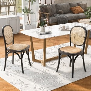 Dining Chairs, Black Wood Frame, Natural Rattan Woven Back