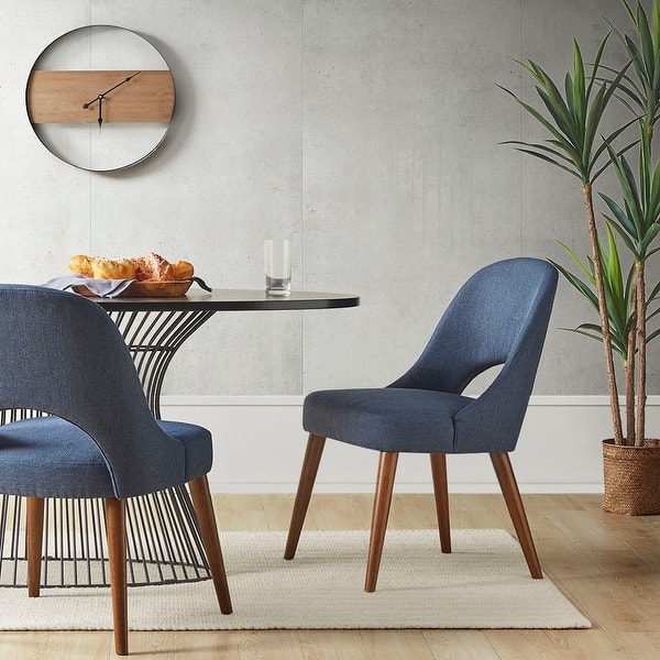 Dining Chairs Blue Woven Fabric Curved Open Back Wood Legs Mid Century