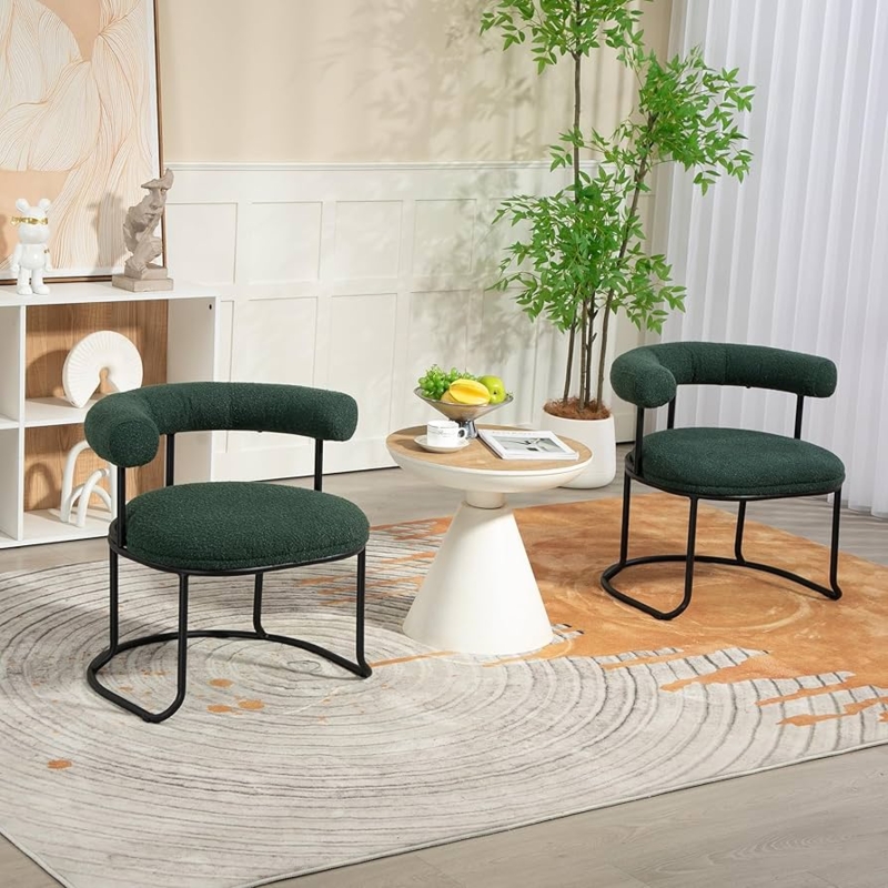 Dining Chairs Boucle Fabric with Curved Back and Gold-Tipped Metal Legs