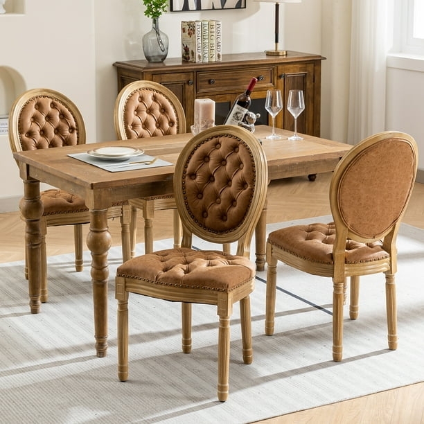 Dining Chairs, Caramel Faux Leather, Button Tufted, Curved Back