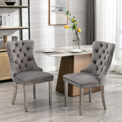 Dining Chairs: Charcoal Velvet Button Tufting with Polished Chrome Legs
