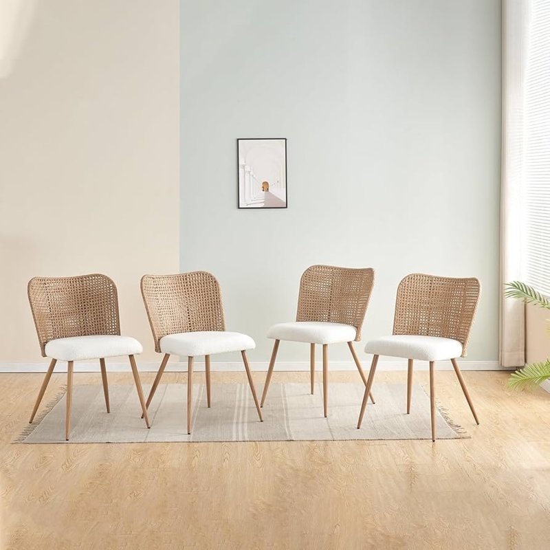 Dining Chairs: Coastal Set with White Boucle Texture and Cane Backrest.
