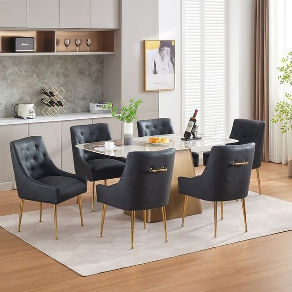 Dining Chairs Cream Leather-Like Channel Tufted Gold Ring Pulls