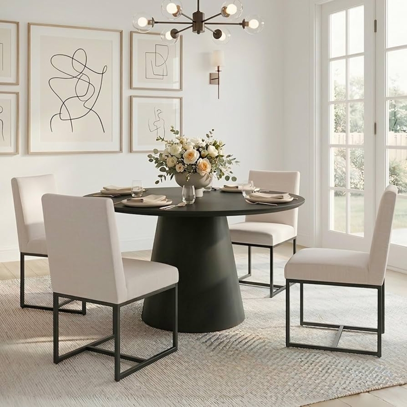 Dining Chairs, Cream Linen-Look Fabric, Black Metal Legs