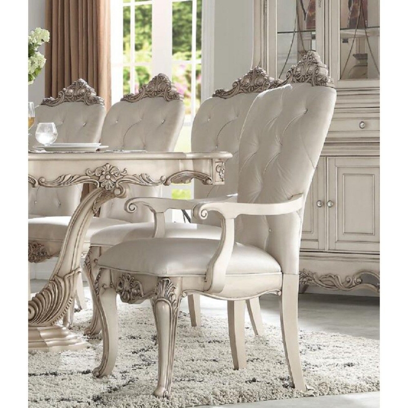 Dining Chairs, Crystal Button Tufting, Antique White, Elegant Queen Anne Style