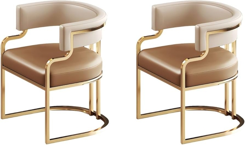 Dining Chairs Curved Low Back Tan Faux Leather Brass Legs Seating