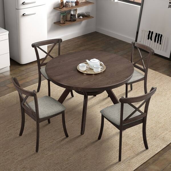 Dining Chairs Dark Brown Frame with Linen Look Upholstered Fabric