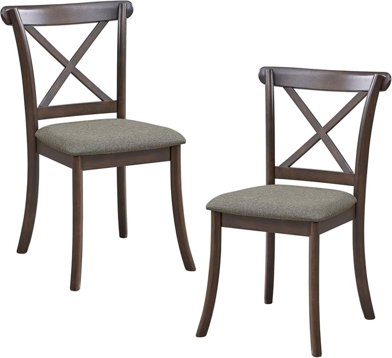 Dining Chairs Dark Brown Wood with Beige Linen Like Upholstery