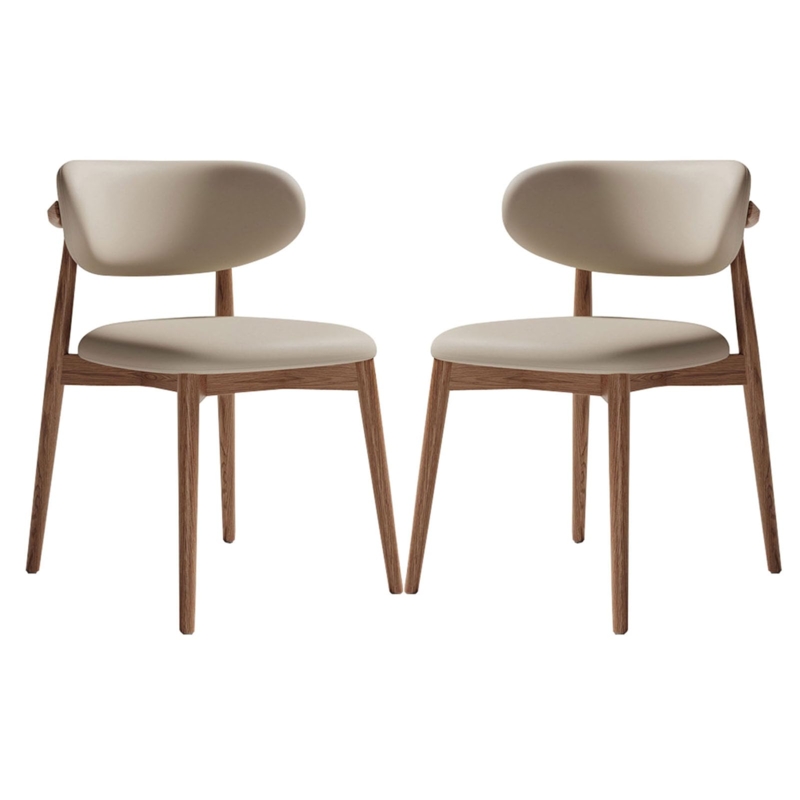 Dining Chairs, Dark Walnut Wood Frame, Black Faux Leather Seat, Curved Back