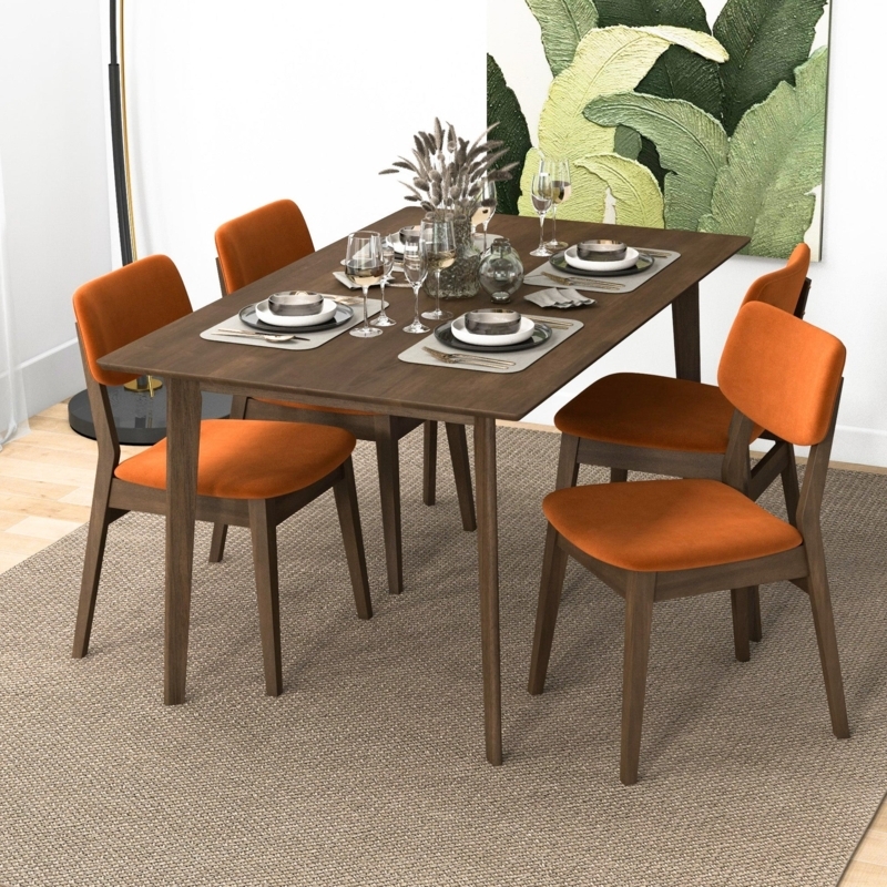 Dining Chairs, Dark Wood Finish, Velvet-Like Fabric, Tapered Legs, Solid Back