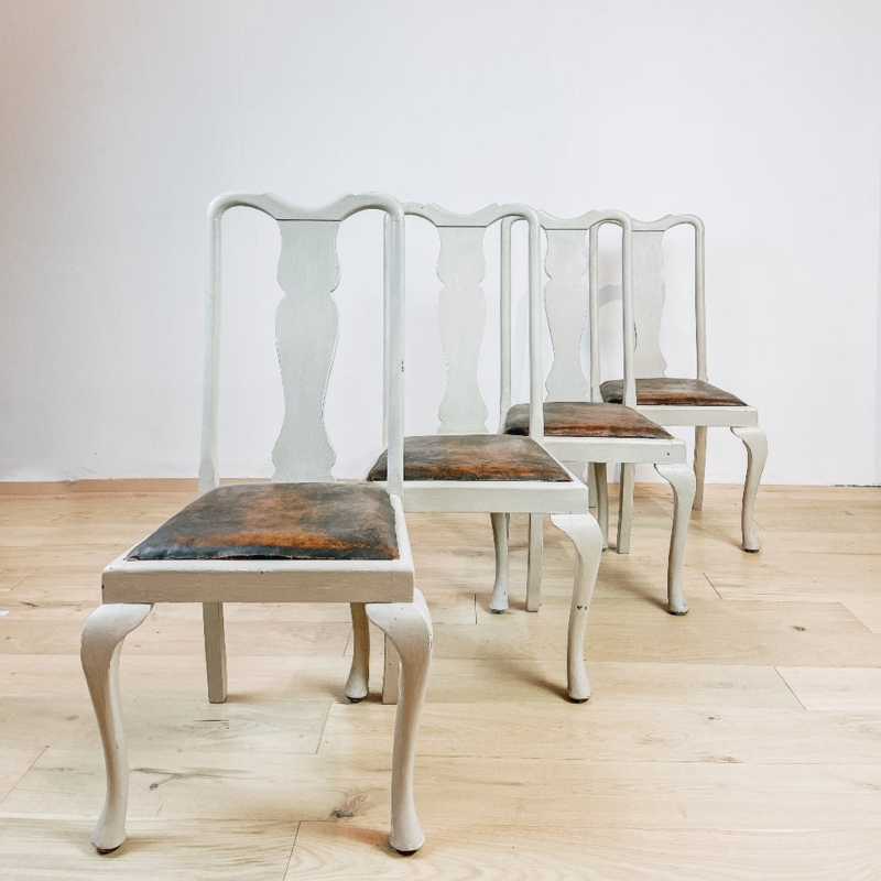 Dining Chairs, Distressed Green Paint, Leather Like Seat, Antique Style