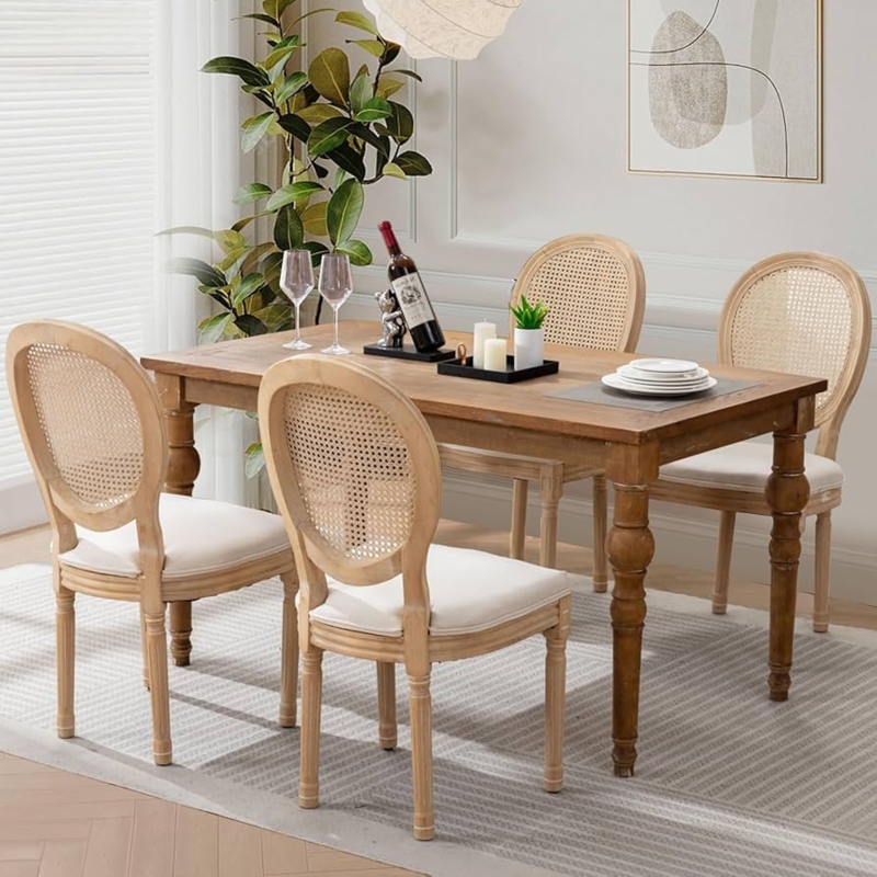 Dining Chairs: French Country Pair with Oval Rattan Backs.