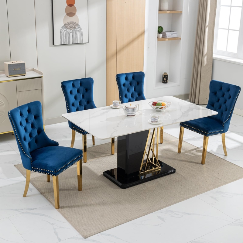 Dining Chairs Glam Navy Velvet Nailhead Trim Gold Metal Legs