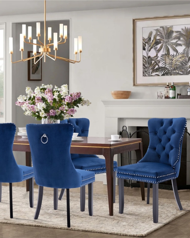 Dining Chairs Glam Velvet Button Tufted Nailhead Trim Rear Ring Pull