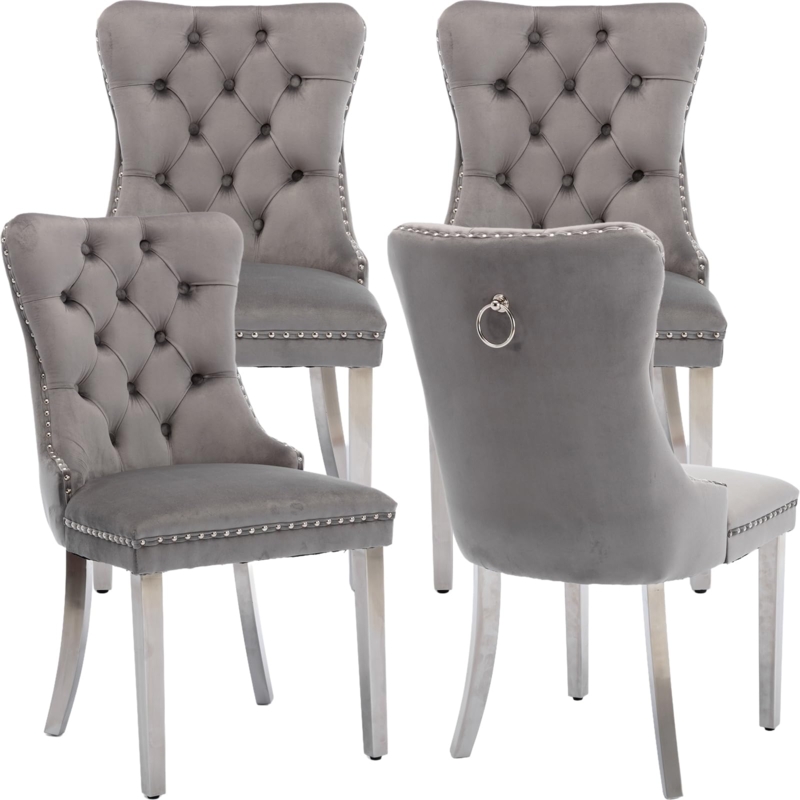 Dining Chairs Gray Velvet Tufted Chairs with Cabriole Legs
