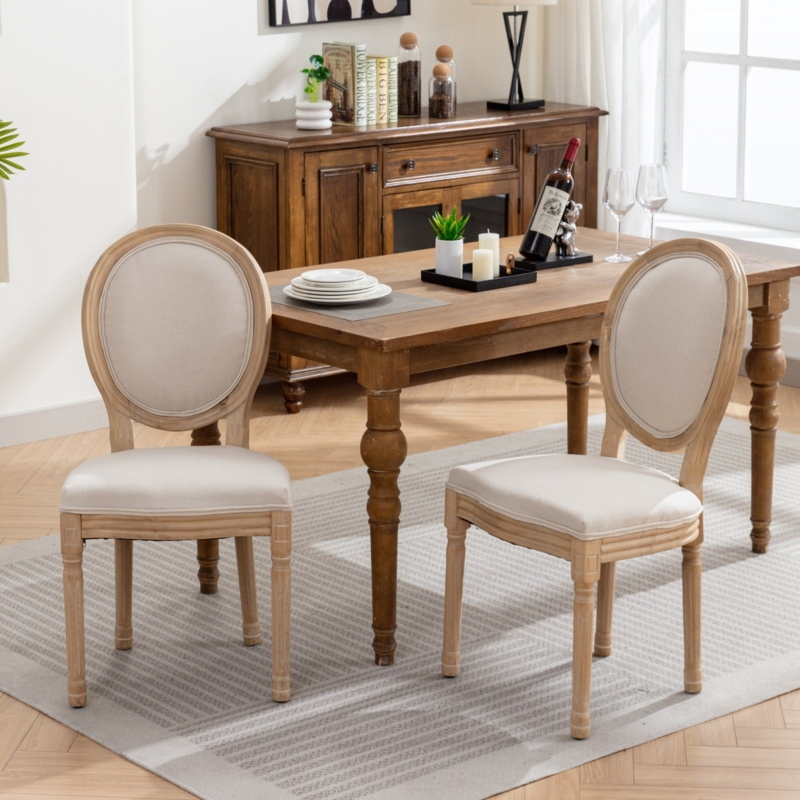 Dining Chairs Gray-Washed Wood Frame, Oval Back, Beige Fabric