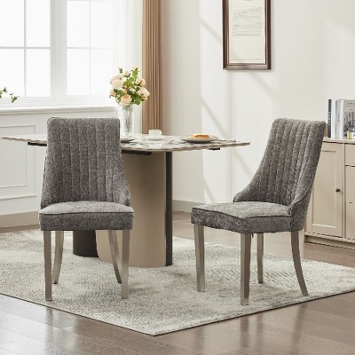 Dining Chairs Grey Chenille Upholstered Silver Tapered Legs