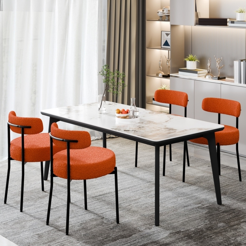 Dining Chairs in Burnt Orange Boucle with Black Metal Legs