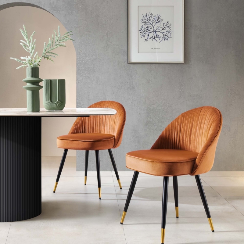Dining Chairs in Burnt Orange Velvet with Pleated Back
