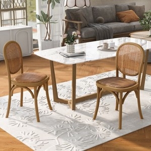 Dining Chairs, Light Brown Wood Frame, Woven Rattan Back, Beige Seat