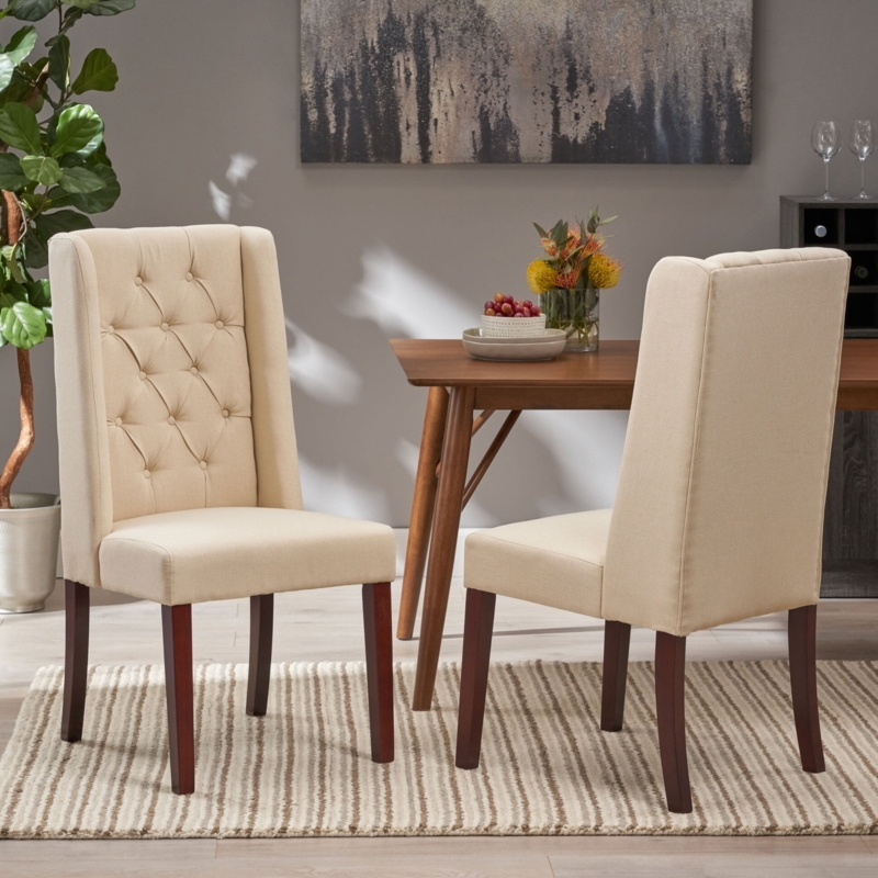 Dining Chairs, Light Gray Upholstered, Button Tufted Wingback