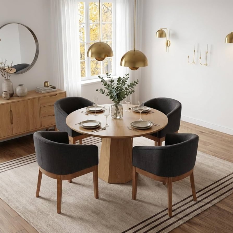 Dining Chairs, Linen-Look with Curved Back Cutout and Wood Legs