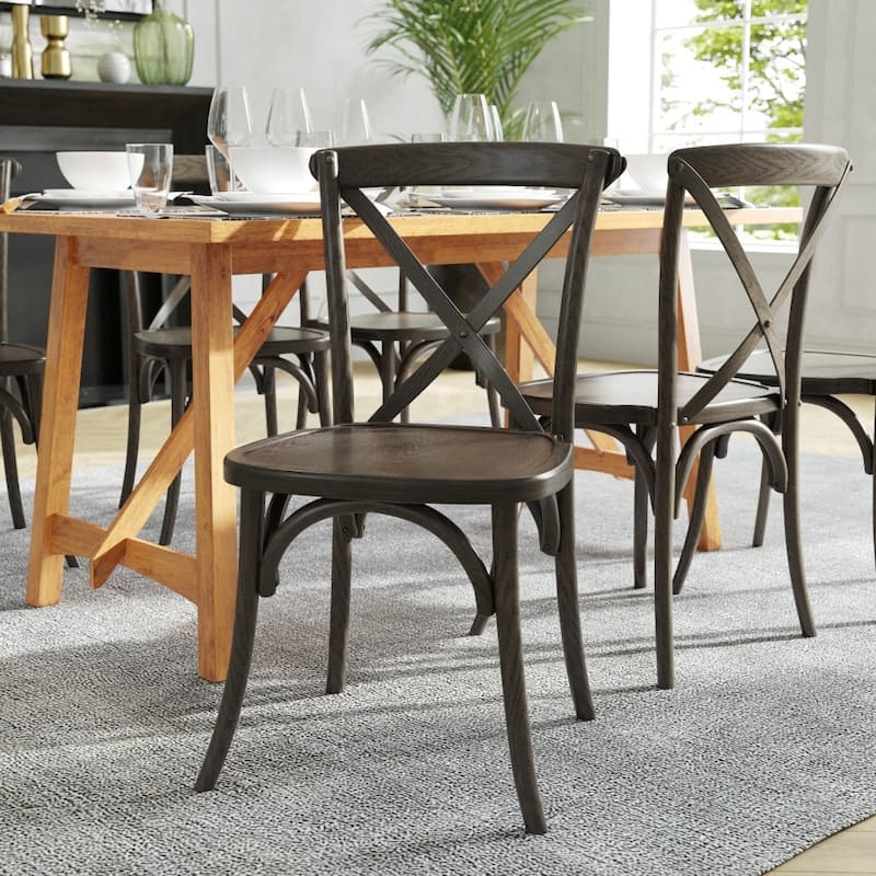 Dining Chairs Medium Brown Wood with Stability Rungs and Woven Seat