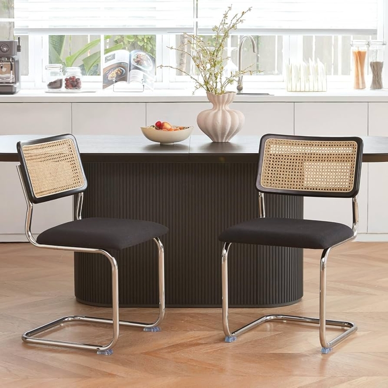 Dining Chairs: Mid-Century Black Rattan Back with Cantilever Base