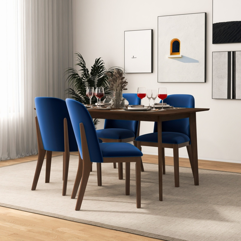 Dining Chairs Mid Century Navy Velvet Curved Back Gold Tapered Legs