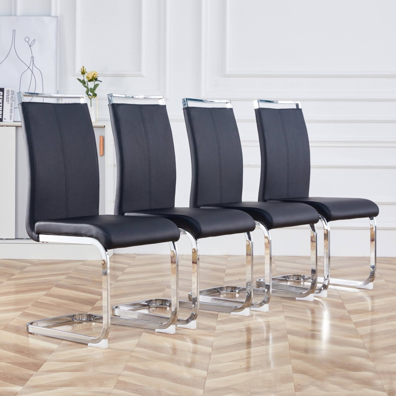 Dining Chairs: Modern Black Faux-Leather with Polished C-Shaped Base