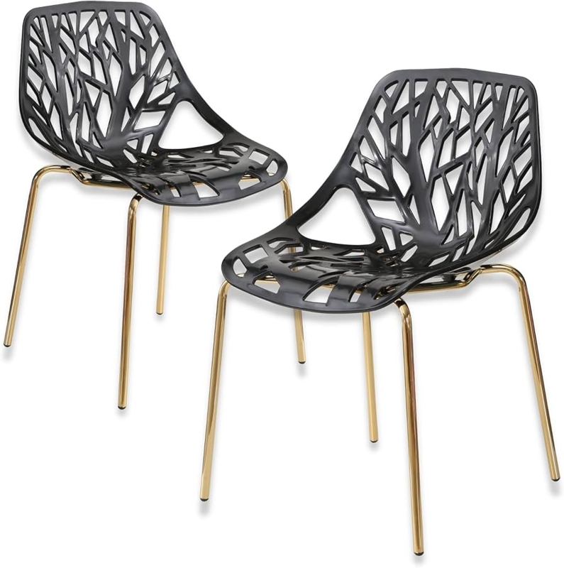 Dining Chairs, Modern Black, Sapling Cutout Back, Gold Legs