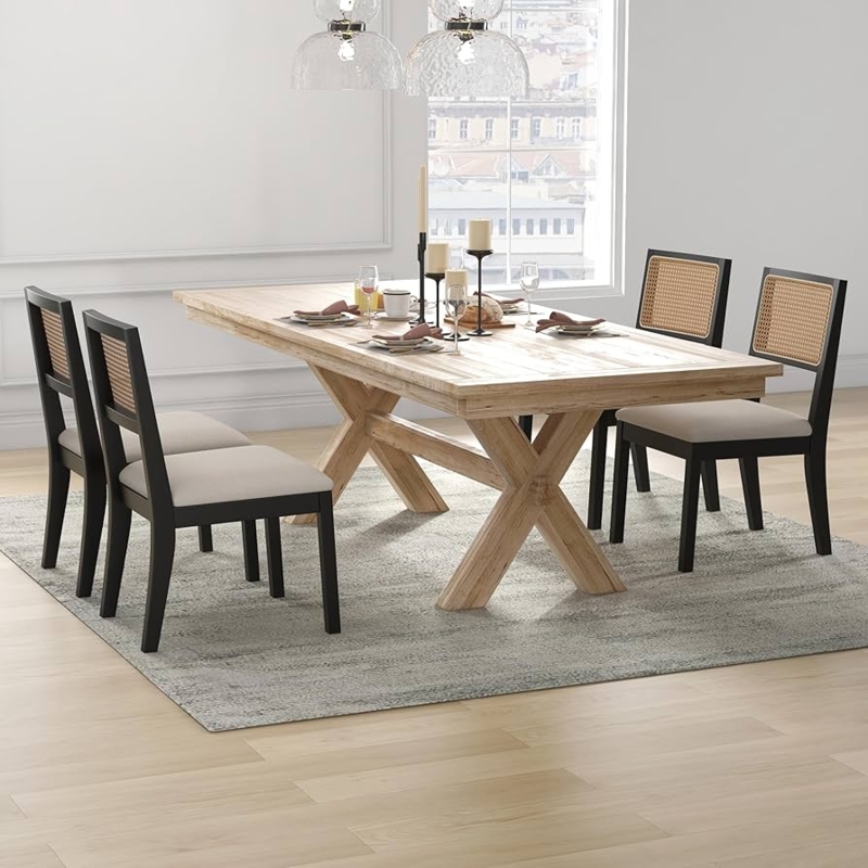Dining Chairs Modern Farmhouse Woven Cane Backrest Matte Black Frame