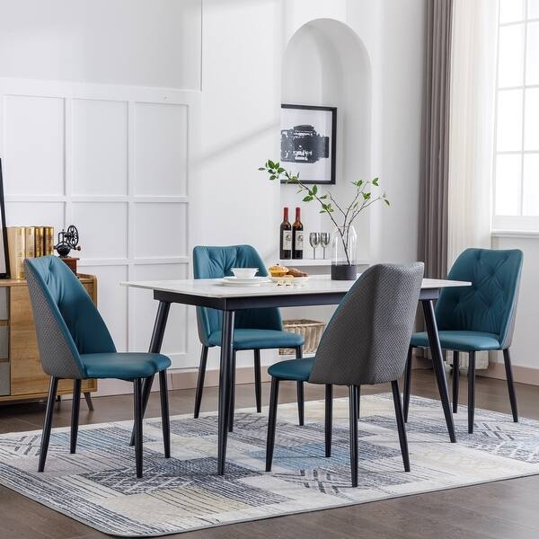 Dining Chairs Modern Glam Blue Faux Leather Channel Tufted Gold Legs