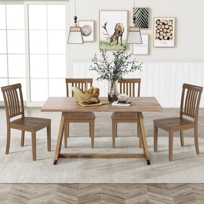Dining Chairs Natural Wood Finish Spindle Back H-Stretcher Farmhouse