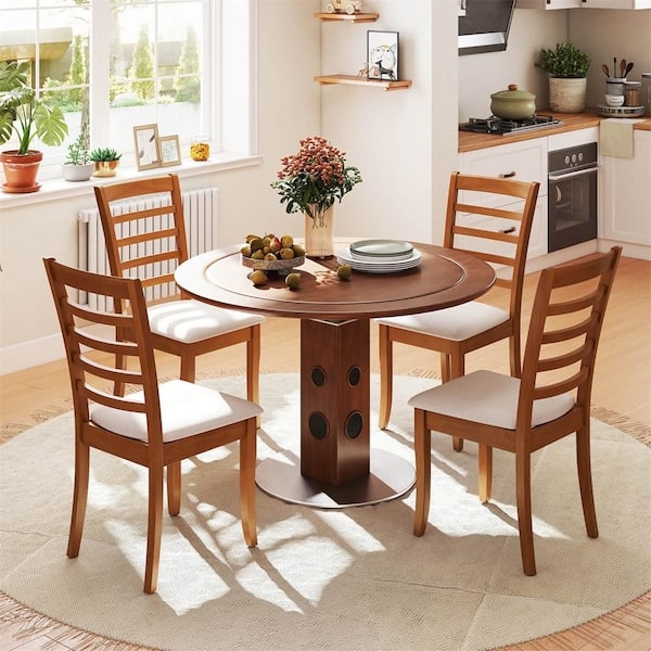 Dining Chairs Oak Wood Tone Slatted Backrest Fabric Seat Transitional