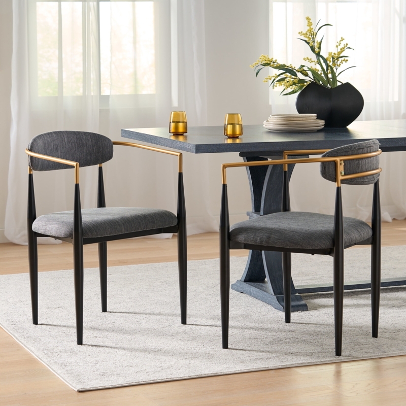 Dining Chairs, Open Back Upholstered with Gold Metal Leg Caps