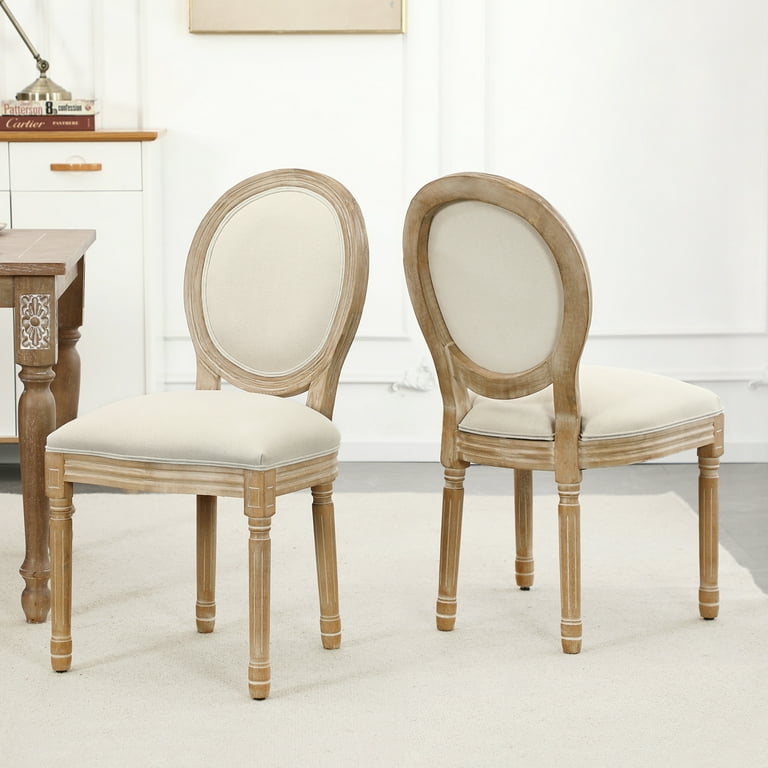 Dining Chairs Oval Back, Weathered Finish, Beige Linen-Like Fabric