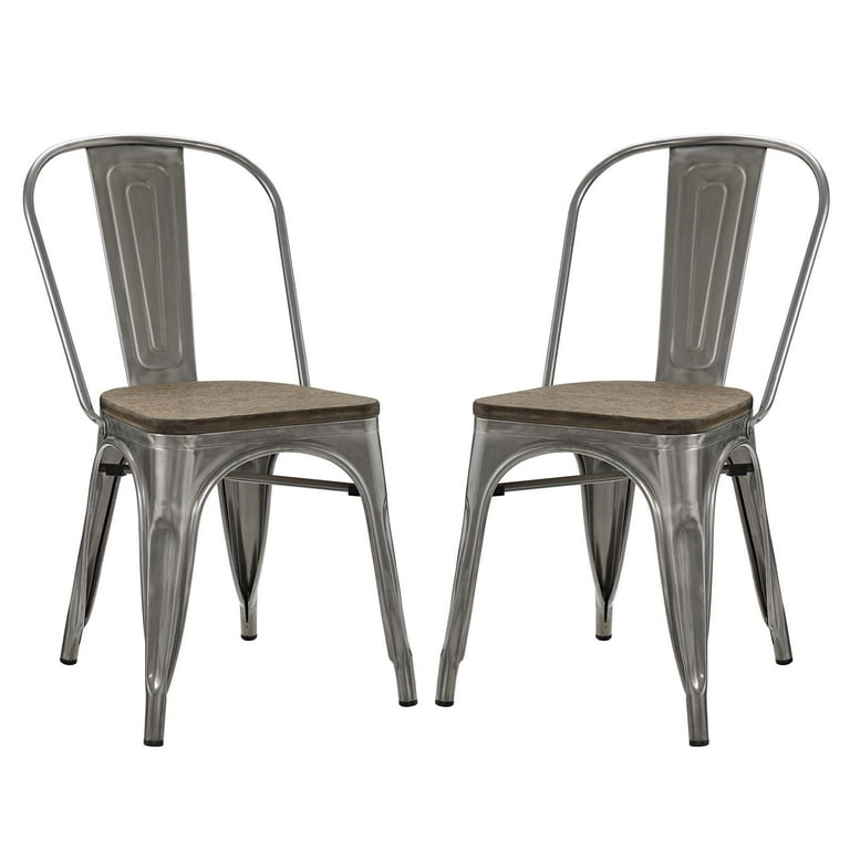 Dining Chairs, Pair of Silver Metal with Tapered Legs and Cross-Bracing
