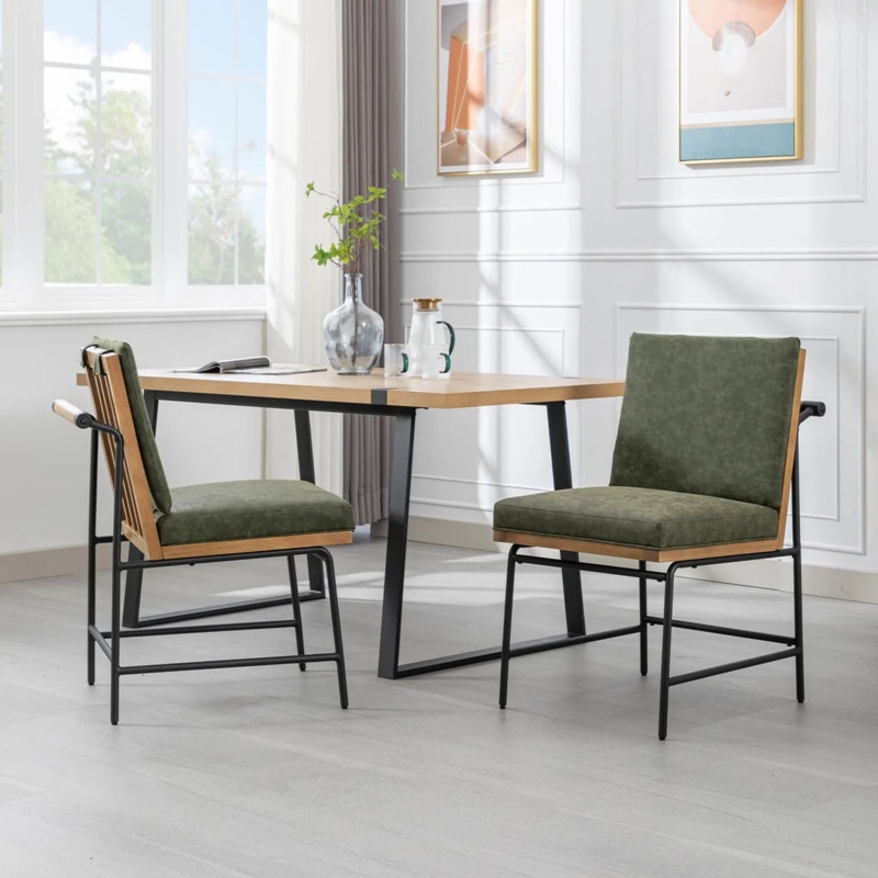 Dining Chairs Set of 2, Modern Black Leather-Like with Gold Leg Tips, Vertical Ribbing