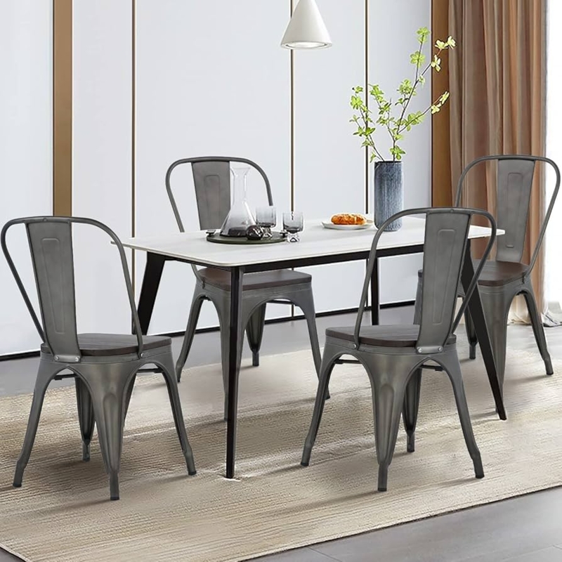 Dining Chairs Set of 4, Industrial Bronze Metal with Wood Seat, X-Brace Support