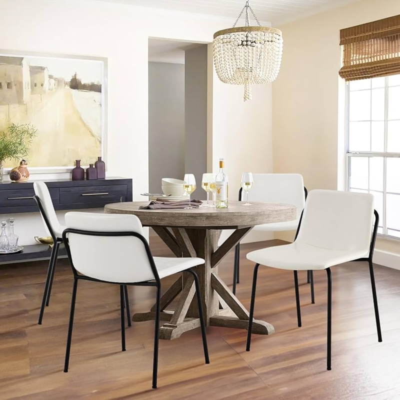 Dining Chairs Set of 4, Minimalist White Faux Leather with Continuous Curved Back