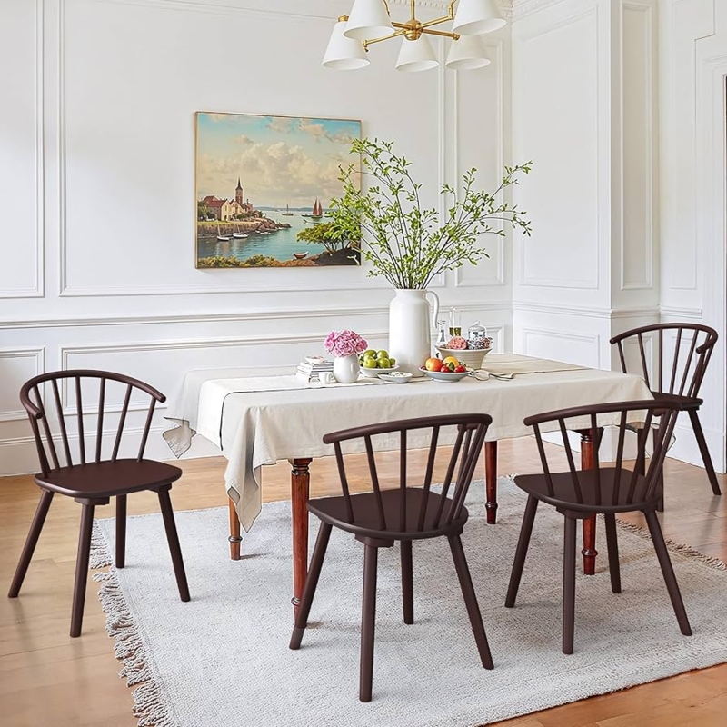 Dining Chairs Set of 4 with Semicircular Spindle Backs in Dark Wood