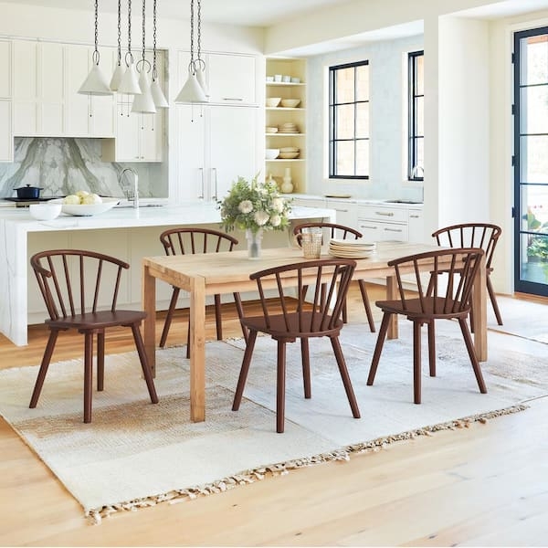 Dining Chairs, Set of 6, Walnut Wood Spindle Back, Tapered Legs